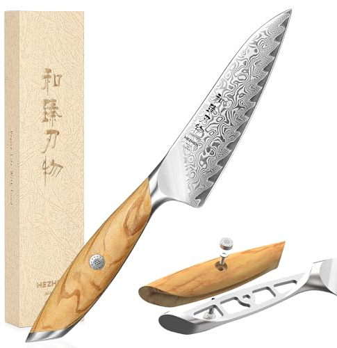 HEZHEN Damasco Coltello Universale 13.5CM, Coltello in Acciaio Damasco 73 Strati Coltello da Frutta, Mango de Madera de Olivo