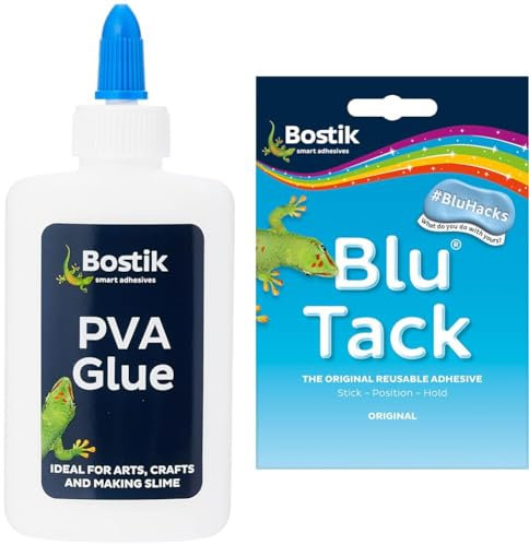 Bostik PVA Glue, Solvent Free Glue for Arts and Crafts, Dries Clear, 118ml bottle & Blu Tack, Multipurpose Reusable Adhesive, Clean, Safe & Easy to Use, Non-Toxic, Handy Size, Colour: Blue