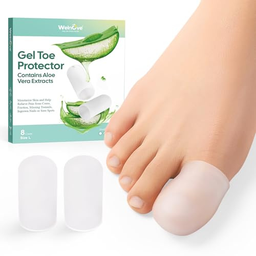 Welnove Gel Toe Cap e Protector - Copripunta in silicone - Cuscini per dita dei piedi per alleviare il dolore, unghie mancanti o incarnite, calli, vesciche (Large,Clear)