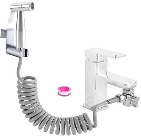 Bidet Edelstahl Handbrause Set, Badezimmer - Bidetaufsatz mit mit Wasserhahn-Spender, Federschlauchhaken, Wasserhahnspender, Badezimmerhygiene und Windelreinigung,silberfarben