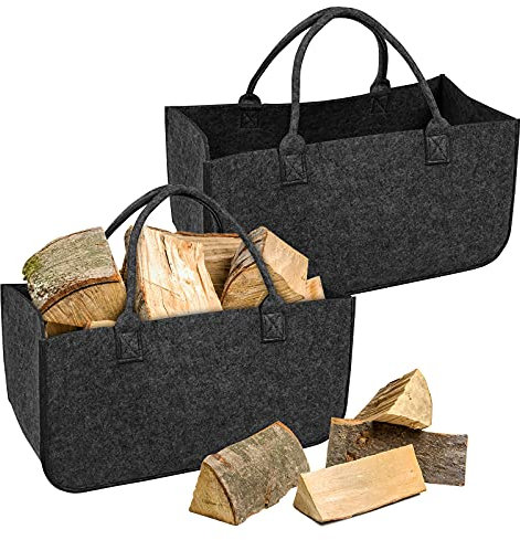 FIVMEN 2 Stück Filztasche Faltbar Filzkorb Holzkorb mit Griffen Kaminholzkorb Brennholzkorb Shopper für Kaminholz Brennholz, 50x25x25 cm, Dunkelgrau