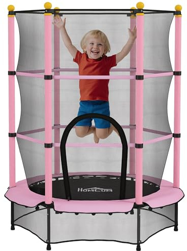 HOMCOM Trampolin utomhus Ø140 cm, barntrampolin trädgårdstrampolin med säkerhetsnät, kantskydd för barn 3-10 år, belastningsbar upp till 50 kg Rosa