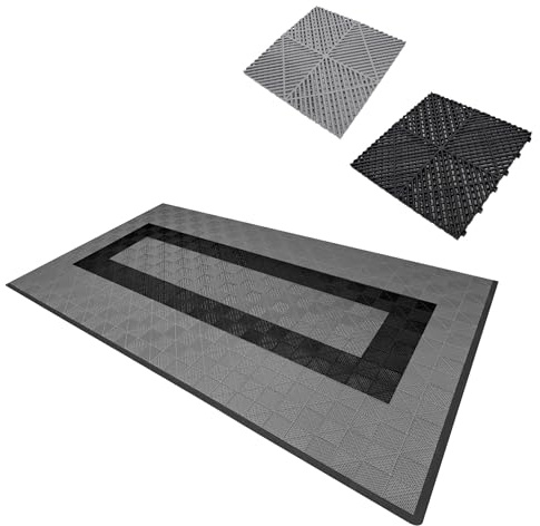Carrelage de Sol Ventilée Modulaire Imbriqué & Bordures 90 Gris & 30 Noir Garage Unique Double Tapis de Sol Showroom Ultra-Résistant Polypropylène Antidérapant Imperméable Drainage 3,2 x 6 M 19,2 m2