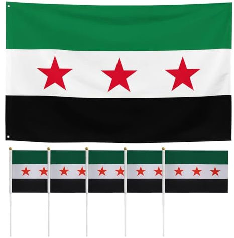 YSJCHEBS 1 Syrische Flagge, 5 Syrische Handflaggen, 90 X 150 cm Große Syrische Flagge, Flagge „Freies Syrien“, Flagge Der Syrischen Revolution, Dekorative Flaggen Für Den Innen- Und Außenbereich
