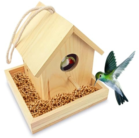 Casa para Pájaros De Madera,Caja Nido para pájaros,Casa para Pájaros Decorativa con Comedero,Casas de Pájaros de Montaje Versátiles,Casa para Pájaros Colgante,Jaula para pájaros(A, 17.2x17.2x17.2CM)