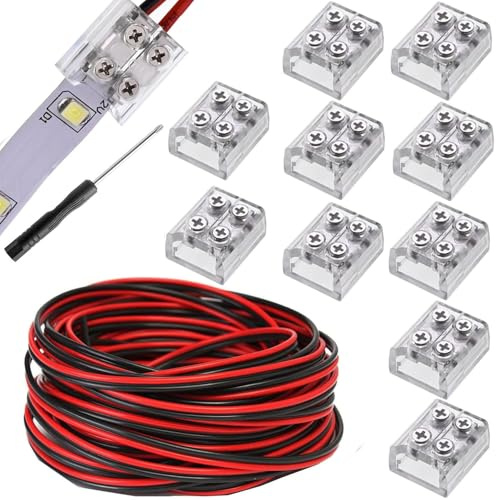 RUNCCI-YUN 10piezas conector cinta 5 V, 12 V, 24 V LED 2 pines 10 mm, con 5M 22AWG cable alargador tira LED con destornillador (transparente)