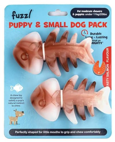 Fuzzl Puppy Chew Toys 2 Pack Salmon Flavour – Small Dog Teething Toys Fish Bone Shape | Durable Chew Toys for Puppies & Small Breeds | Dental Care, Teething Relief & Interactive Play