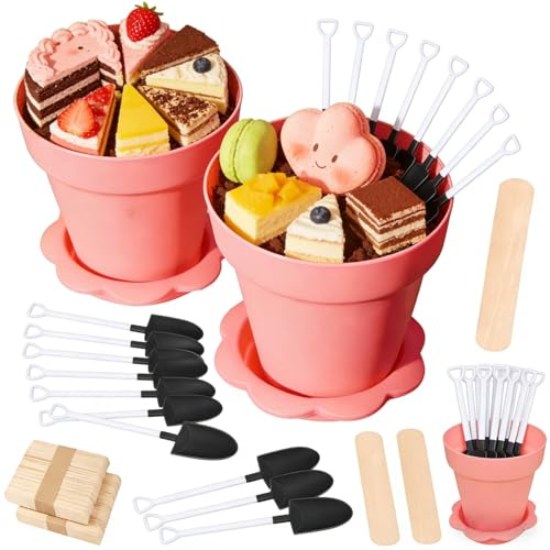 YQLDAHU 20 Pack Dessert Cups With Spoons and Natural Wood Label, Cute Mini Flowerpot for Ice Cream,Dirt Cake, Pudding, Mousse, Chocolate Dessert (Pink,6.7oz)