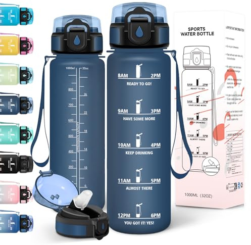 Motswedi Trinkflasche 1l, Kohlensäure Geeignet, Trinkflasche mit Strohhalm, Auslaufsicher, Wasserflasche, BPA-Frei, Flasche, Einhandöffnung, Trinkflaschen, für Fitness, Fahrrad, Outdoor, Dunkel Blau
