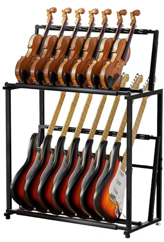 EUNEWR Gitarrstativ, gitarrhållare för 14 gitarrer, vikbart multi-gitarrstativ med mjuk svamp för akustisk gitarr, elgitarr, bas, avtagbar i två separata gitarrhållare.