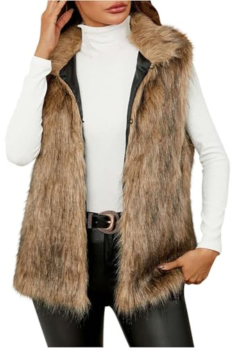 2025 Women's Long Faux Fur Vest Stand Collar Sleeveless Open Front Cardigan Coats Soft Shaggy Fuzzy Jacket Outwear