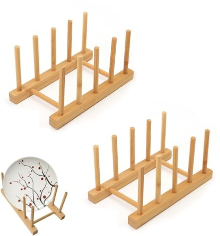 deegbbyi 2 Piezas Escurreplatos Bambú, 20 x 12 x 9cm Organizador Platos Duradero, Soporte para Platos de Cocina, Fácil de Instalar, Ahorra Espacio, para Platos, Tapas de Ollas, Tazas (4 Ranuras)