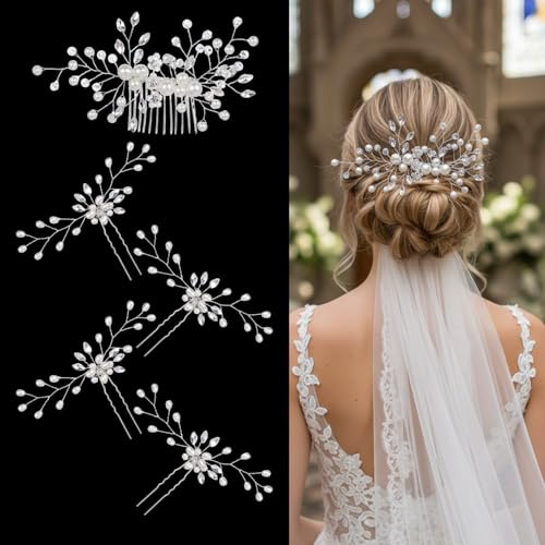 5PCS Bridal Hair Accessories(Hair Combs/Clips), Grace Wedding Hair Pieces for Brides, Pearl Crystal Rhinestone Hairs Comb, Suitable for Brides and Bridesmaids