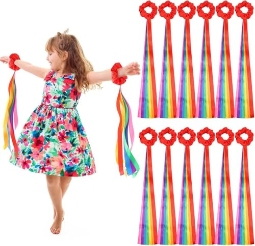 MUSLONG Lot de 12 bandes de danse arc-en-ciel - Bandes rythmiques - Poignet streamer - Rythme tenu à la main - Streamer - Décoration de gymnastique pour enfants et adultes (style E)