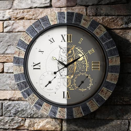 Horloge murale exterieure etanche 45 cm avec thermomètre et hygromètre, illuminée avec lumière nocturne intelligente, grande horloge silencieuse à piles pour jardin, patio, piscine et véranda
