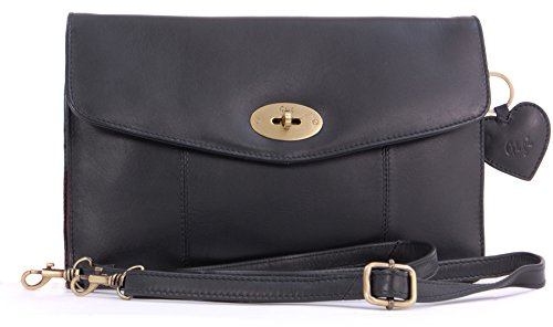 Gigi - Damen Leder Umhängetasche Klein - Crossbody Bag - Abendtasche - Clutch mit Abnehmbarer Verstellbarer Schultergurt - OTHELLO 8757G - Schwarz