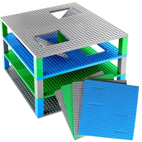 Strictly Briks Trap & Gap | Bauplatten-Set | 2 Bauplatten, 2 Platten mit Rampen & Falltüren & 15 Bausteine | 100% kompatibel mit Allen führenden Marken | Blau, Grün, Grau | 4 Stück | 25,4 x 25,4 cm