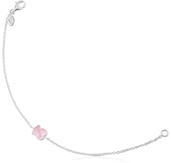 TOUS Pulsera de Plata de Primera Ley para Mujer con Motivo de Oso de Cuarzo Rosa, 17,5 cm de Largo, Elegante y Clásica, Colección Color