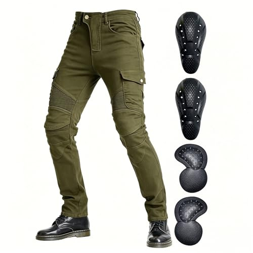 VNFOX Pantalones de motocicleta, versátiles y duraderos para hombres y mujeres, pantalones de equitación con almohadillas Kenn y armadura de cadera, Verde, L