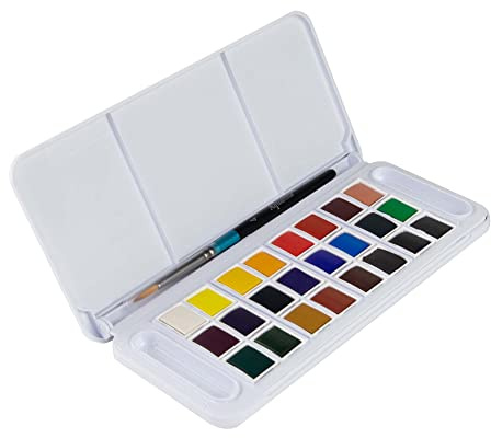 Daler-Rowney Aquafine Watercolour Travel Half Pan Paint Set, 24 Assorted Colours + 1 Watercolour Brush, Ideal for Professional Artists