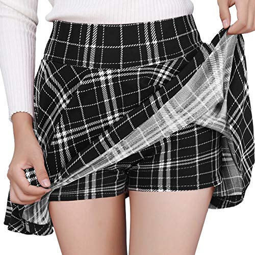 DJT Women's Girls Stretchy High Waist Pleated Casual Mini Skater Skirts with Shorts Large Black Plaid