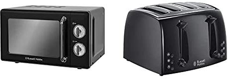 Russell Hobbs RHRETMM705B 17 L 700 W Black Compact Retro Solo Manual Microwave with 5 Power Levels, Timer, Defrost Setting, Easy Clean & 21651 Textures 4-Slice Toaster 21651-Black, Plastic, Black
