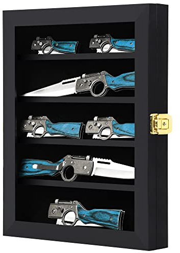 Grintus Pocket Knife Display Case Knife Collection Display Box for Wall Folding Knife Cabinet with Uv Protection Acrylic Lockable Black