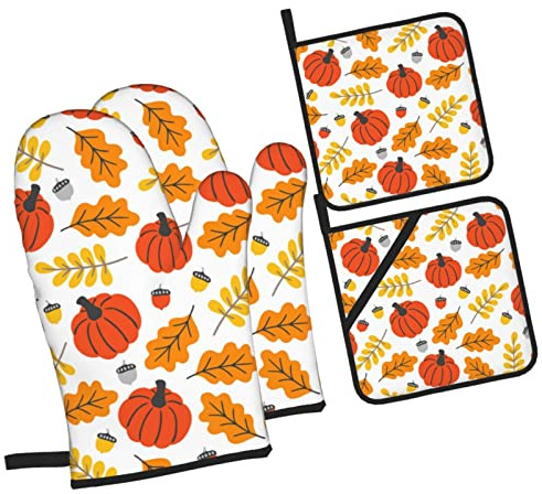 Autunno Autunno Foglie di zucca Guanti da forno e presine del Ringraziamento Set di 4 Guanti da forno resistenti al calore da cucina Presine per barbecue antiscivolo Rilievi caldi per cucinare Cottur