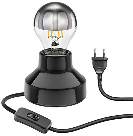 ledscom.de Porzellan Tischlampe TIX, Stecker, Schalter, schwarz + E27 LED Lampe 486lm, Smart Home, warmweiß - kaltweiß