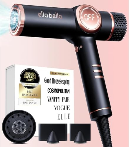 ELLA BELLA® Professional Ionic Hair Dryer with Diffuser • Negative Ion Blow Dryer • Suitable All Hair Types • Intelligent Heat Control & Rapid Drying Speeds • Lightweight Design • Low Noise Technology