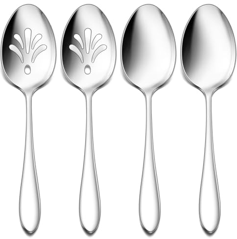 E-far 4-Piece Serving Set - Includes 2 Spoons and 2 Slotted Spoons, Stainless Steel Buffet Utensils for Catering Party Kitchen Restaurant - Mirror Polished, Dishwasher Safe, 8.5-Inch