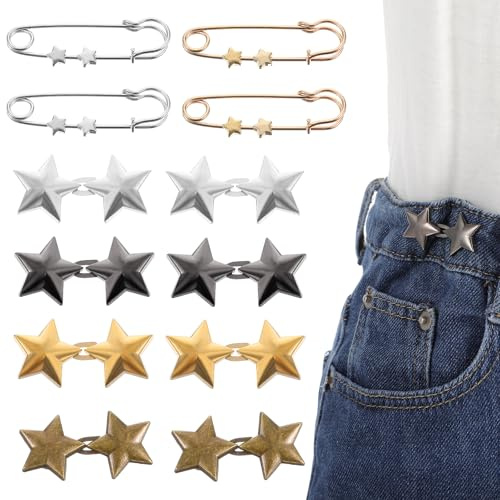 Mabor Juego de 12 botones de estrella para pantalones de mezclilla sueltos, botón de estrella para hacer jeans más pequeños, broche de metal para ropa, vestidos, faldas