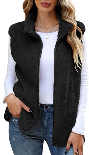 CMTOP Gilet Donna in Pile Caldo Peluche Smanicato Elegante Senza Maniche Giacca Gilet con Collo Alto Leggero Morbido Gilet Autunno Inverno Gilet con Cerniera e Tasche(Nero, M)