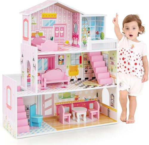 GOPLUS Casa de Muñecas de Madera, Casa de Ensueño de 3 Plantas con 5 Habitaciones Simuladas, 10 Piezas de Mobiliario, Juguete Educativo de Juegos de rol, Niñas de 3-7 Años