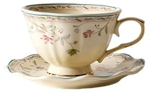 PICORLANE 8 oz Vintage flower Ceramic cup and 6 saucer set with Brand customized stainless steel spoon Gifts for Afternoon Tea Coffee Hour (A)