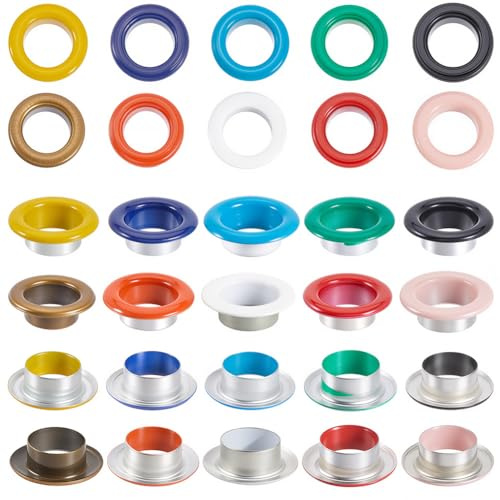GORGECRAFT 200 Jeu D'Œillets et D'Œillets Bicolores Trou de 10mm Œillets Auto Adhésifs Mini Œillets Métalliques Quicklet avec Rondelles pour la Réparation des Perles Vêtements Chaussures Cuir Toile