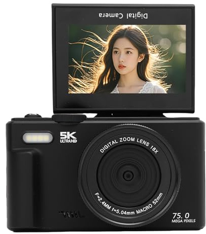 Tosuny Fotocamera Digitale 5k, Fotocamera Vlog WiFi UHD 75MP con Schermata a Fogli Mobili da 3 180°, Zoom 18x, Autofocus, Shake Anti Shake, Luce di Riempimento a LED, per Viaggio (64GB)