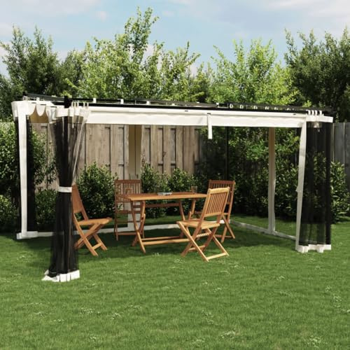 Gazebo da Giardino con Pareti Zanzariera, Telaio in Acciaio e Alluminio, Tetto Retrattile, Tende da Sole per Esterno, Tendone da Esterno, per Giardino e Campeggio, Color Crema, 396x297x230 cm