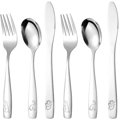 6pcs Childrens Cutlery Set Stainless Steel - Dinosaurs Kids Cutlery Set - Dishwasher Safe - 2 x Forks, 2 x Dinner Knives, 2 x Table Spoons - Children's Dinner Knife and Fork Sets
