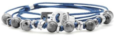 Nato Cuff - Bracciale Wrap 3 Tours Toggle in argento 925 - Pietre naturali - Paracord- Gioiello da uomo o da donna, fatto a mano in Francia, Moyenne, Argento, Larvikite