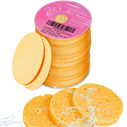 GAINWELL 100PCS Compressed Facial Sponges, Yellow Sponge for Face Cleansing | GAINWELL Yellow Face Exfoliator Pad, Cellulose Face Washing Sponge for Daily Skin Care, Deep Cleaning, Makeup Removal