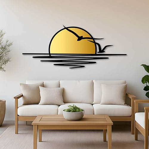 Gold Sunset Metal Wall Decor with Flying Birds Extra Large Sunrise and Seagulls Wall Decor for Patio Living Room Bedroom Metal Wall Sculpture