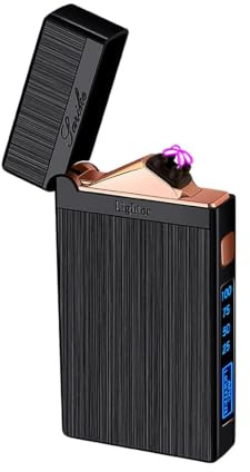 Skrfire - Briquet électrique rechargeable USB à plasma coupe-vent à double arc avec son d'ouverture net, affichage de la batterie, lumière LED, corps en métal brossé pour bougie et camping (Noir)