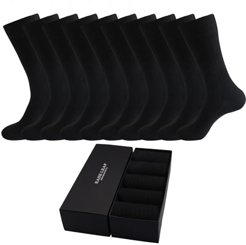 EASE LEAP 10 Pairs Mens Dress Socks Comfortable Cotton Ribbed Sock Calf High Breathable Long Formal Socks with Gift Box Size 9-12 (Black)