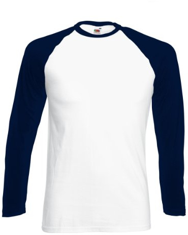 Fruit of the Loom - Maglietta da baseball da uomo, 100% cotone, a maniche lunghe, girocollo bianco/blu marino. XL