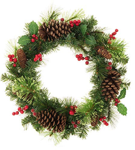 Pre-Lit Decorated Artificial Christmas Wreath Green Branches With Pine Cones Holly Berries & Warm White LED Lights Indoor/Outdoor Xmas Decoration 20