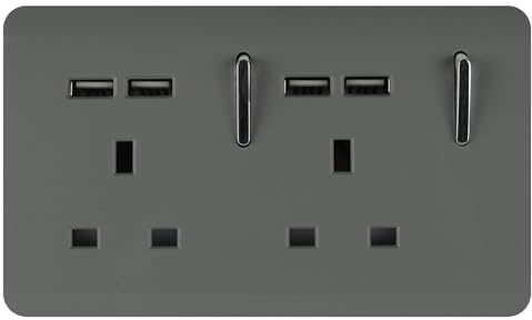 Trendi 2 Gang Artistic Modern Glossy Screwless Raised 13 Amp 240v Short 4 USB Type A Charging Points Double Chrome Switched Electrical Wall Plug Socket Charcoal Grey - ART-SKT213USBCH