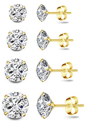 Deyanse Damen Silber Ohrstecker Set, 4 Paare 925 Sterling Silber Gold Zirkonia Ohrringe, Hypoallergen Unisex Klein Schlafen Knorpel Ohrstecker mit Zirkonia, Ohrringe Größe in 3, 4, 5, 6mm