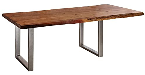 MASSIVMOEBEL24.DE Baumtisch mit Ansteckplatte Akazie 160-220x100x78cm walnuss lackiert Freeform 2#22