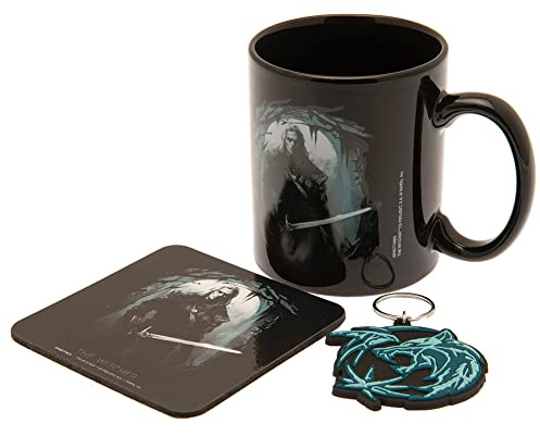 The Witcher Geschenkset mit Tasse, Untersetzer und Schlüsselanhänger (The Hunter Design) in Geschenkbox - Offizielles Merchandise, Schwarz